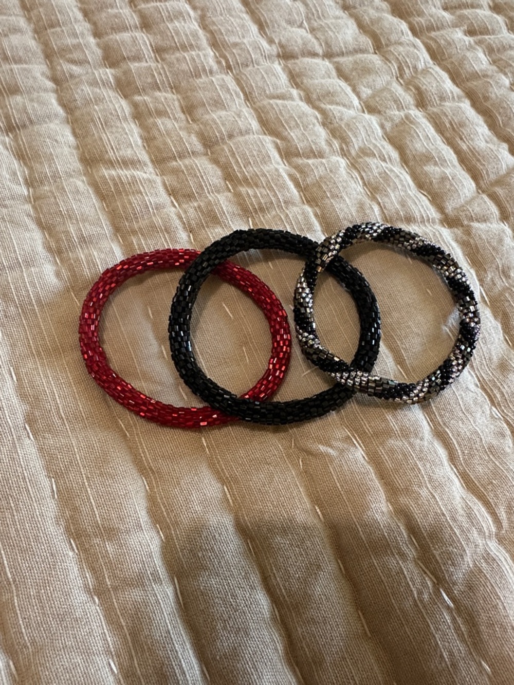 Beaded Stretch Bracelet Set - Red, Black & Silver